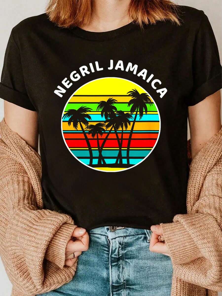 100% Cotton  Negril Jamaica Shirt Palm Trees Sunset Jamaica T-Shirt Summer Women For Top Summer Tops For Women - Black - View 1
