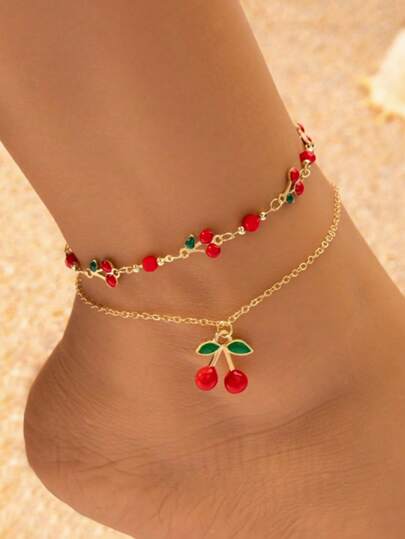 2件套优雅釉面樱桃吊坠脚链，甜美时尚的脚饰，适合日常佩戴、海滩、约会、派对等场合，手工制作，链条随机搭配。