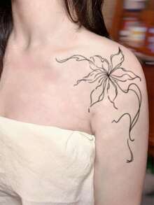 1pc Waterproof, Sweat-Resistant, Washable, Non-Reflective Temporary Tattoo, INS Style Black Floral Tattoo, Fashion Fake Tattoo, Suitable For People For Daily Use