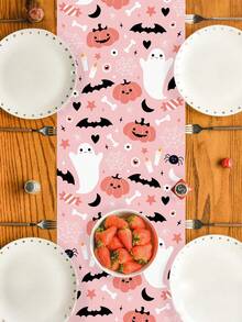 1 件 35*180 厘米粉色万圣节桌旗，可爱鬼魂、南瓜和蝙蝠设计涤纶桌旗，万圣节餐桌装饰，万圣节主题派对，厨房和家居装饰，室内和室外使用，节日餐桌装饰，万圣节派对用品