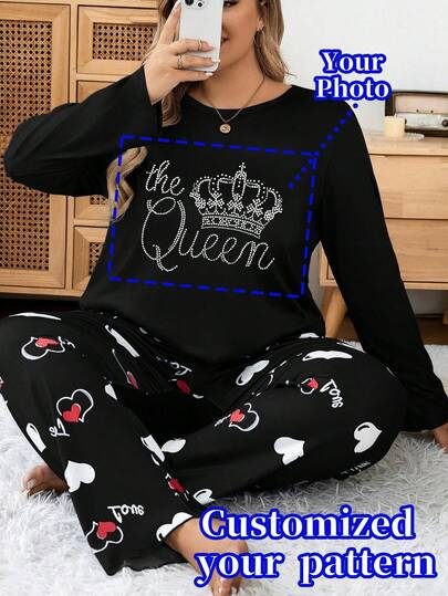 [Heart Printed Loungewear Set] Plus Size Women's Heart Name Custom Printed Round Neck Long Sleeve Cozy Loungewear Top - Stretch Fabric Set, Comfortable Indoor, Machine Washable - Valentine's Day Fall & Winter Collection