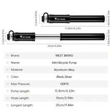 مضخة دراجة صغيرة WEST BIKING 130 رطل/بوصة مربعة، اكسسوارات دراجة صغيرة 1 مضخة هواء يدوية محمولة من سبيكة الألومنيوم خفيفة الوزن وقوية، مناسبة للدراجات الهوائية الخارجية، تنفخ الإطارات بسرعة للدراجات الهوائية الطرقية والجبلية، إلخ. مضخة هواء سيارة