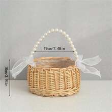 一套柳条花童篮和头饰，手工编织柳条篮，配珍珠手柄和蝴蝶结，仙女花篮，婚礼花童珍珠头饰，适合婴儿派对 - 彩色 - 查看 5