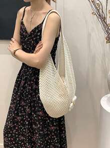 Hollow Out Weave Straw Bag Bohemian Beach Handbag Hollow Tote Bag Large Capacity Shopping Beach Bag Fashion Hollow Out Weave Straw Bag Beach Handbag Bohemian Style Beach Bag Slouchy Style Large Capacity Hollow Tote Bag Vacation