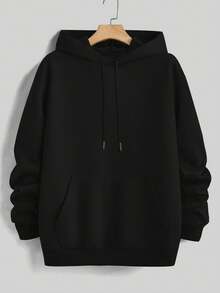 Vintage Retro College Style Fleece Drawstring Hoodie With Kangaroo Pocket Pullover Sweatshirt - Black - View 6