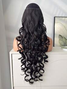26-28 Inch V-Shaped Clip-In Hair Extensions, Black, Natural Wavy Curly, Synthetic Fiber Wig, Suitable For Women's Daily Use - Black - View 3