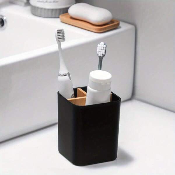 1 PIEZA Soporte de bambú para cepillos de dientes de baño, organizador de baño para 2/3/4 cepillos de dientes y pasta de dientes para cepillos eléctricos, hilo dental, afeitadoras - fácil de limpiar y almacenar, ¡agrega un toque natural a la decoración de tu baño! (Negro Blanco) Portalápices de escritorio creativo, caja de almacenamiento de papelería para estudiantes de oficina, caja de almacenamiento de mesa de centro para la sala de estar, caja de almacenamiento de brochas de maquillaje