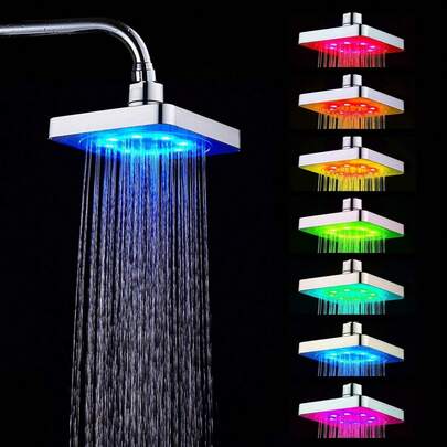 7-Color Changing LED Shower Head, High Pressure Illuminated Shower Head, 6-Inch Square Rainfall Shower Head With Lights, Chrome Plated Bathroom Bathroom Accessories Bathroom Tools