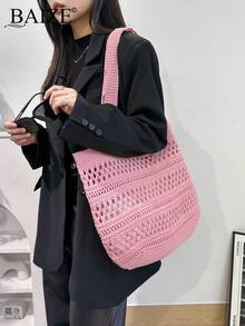 ENBEI 女士时尚优雅手提包，假日沙滩包，粉色包，镂空针织沙滩包简约钩针包爱心休闲镂空图案钩针包假日风格适合少女大学生非常适合大学、户外、旅行、郊游、休闲度假、沙滩包、单肩包、手提包，非常适合海滩度假、购物和度假必需品，与女士假日服装完美搭配 - 粉色 - 查看 4