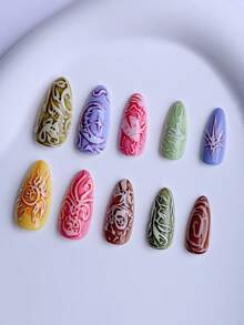 24 piezas de uñas postizas con relieve con diseños de insecto, rana, pulpo, sol y luna, dibujos en 3D y grafiti, uñas falsas creativas para salón de belleza para damas y niñas, uñas de acrílico de verano con pegamento de gelatina, 1 pieza de tira de frotado