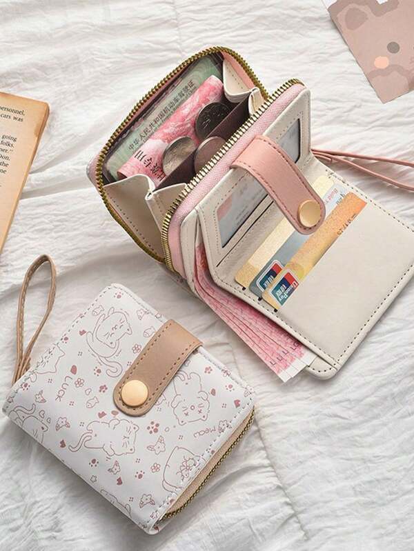 محفظة قصيرة للسيدات مزينة برسم كرتوني لقطة، مزودة بمشبك وسوستة، متعددة الأقسام لحفظ العملات والبطاقات، سعة كبيرة، محفظة صغيرة محمولة وجميلة للنساء