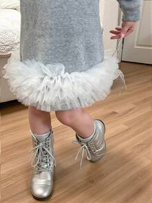 女童连帽卫衣裙，新款秋冬甜美蝴蝶结网眼拼接儿童时尚连衣裙 - 灰色 - 查看 6