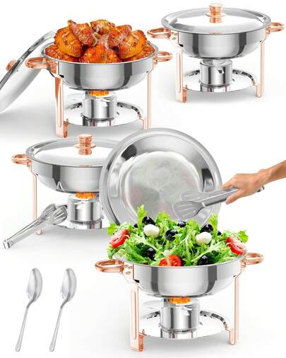 5QT Chafing Dish For Buffet, Round Stainless Steel Chafing Dishes Buffet Set, Food Servers Sets With Lid & Lid Holder, Spoon & Tweezer For Catering Events Parties Weddings Dinners