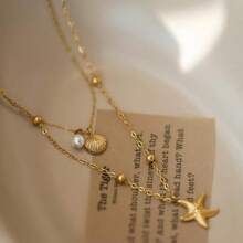 1 件时尚海星和贝壳吊坠双层项链，简约甜美女士颈链，理想的生日礼物 - 海星 - 查看 4