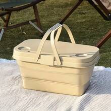 Cesta de picnic plegable de gran capacidad de 1 pieza, caja para acampar al aire libre, cubo plegable, caja de almacenamiento para acampar al aire libre con tapa, cesta de mano para frutas, cesta de almacenamiento para el maletero del automóvil - Caqui - Ver 1