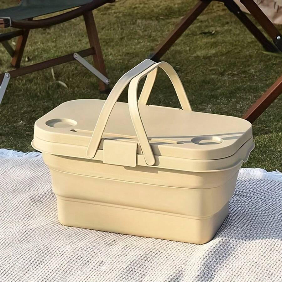 Cesta de picnic plegable de gran capacidad de 1 pieza, caja para acampar al aire libre, cubo plegable, caja de almacenamiento para acampar al aire libre con tapa, cesta de mano para frutas, cesta de almacenamiento para el maletero del automóvil - Caqui - Ver 1