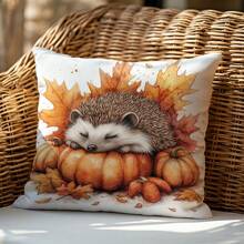 1pc Autumn Hedgehog Sleeping On Pumpkin Decorative Pillow Cover, Single-Sided Printed Peach Velvet, 45*45CM/18*18inch, Suitable For Room Decor, Modern Minimalist Sofa Living Room Decor Gift