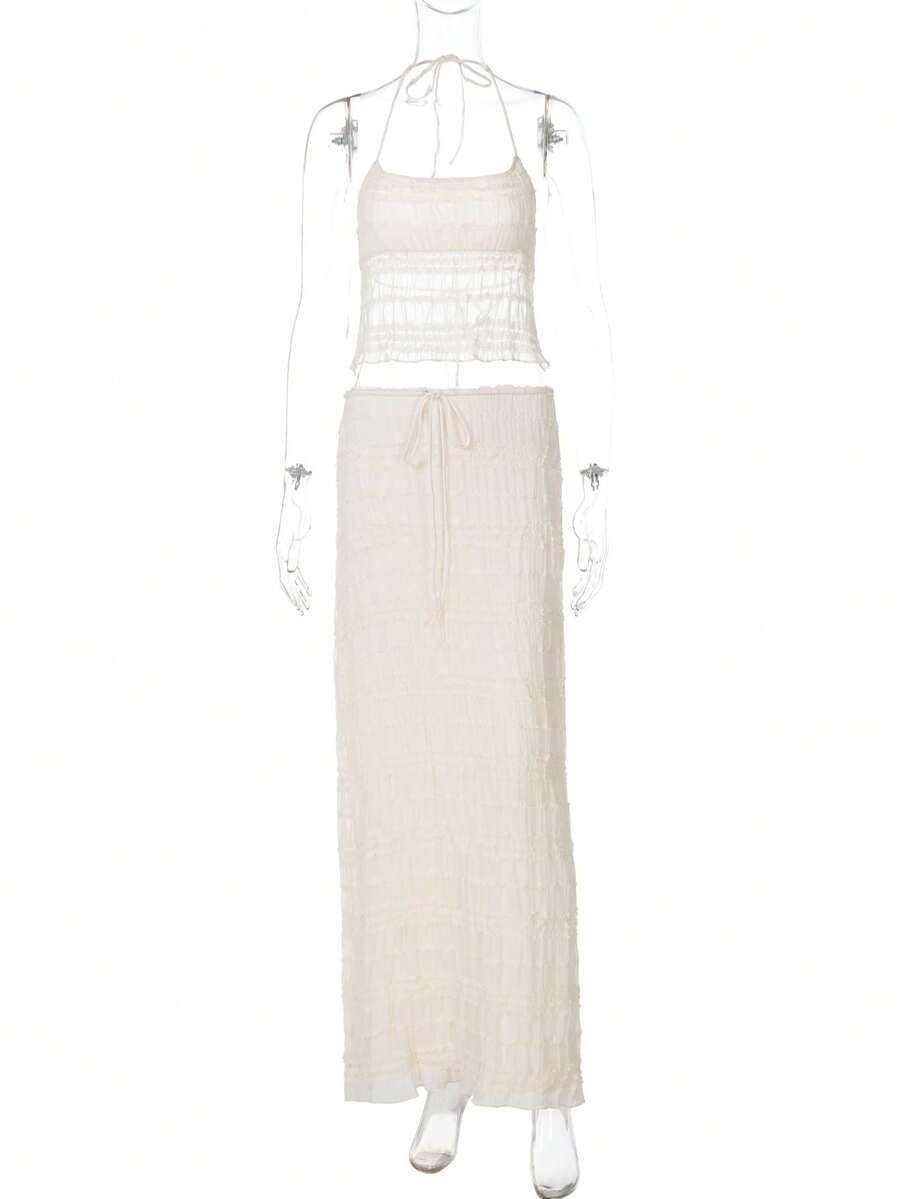 女士优雅性感露背吊带上衣和褶皱裙夏季度假节日派对街头两件套 - 杏色 - 查看 1