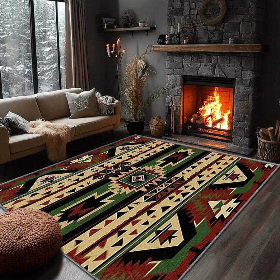 3x5 Rugs, 2x3 Rug, Southwestern Rustic Area Rug, Colorful Geometric Door, Washable & Non - Slip Small Carpet, Home Decor - 綠棕色黑色 - 查看 1