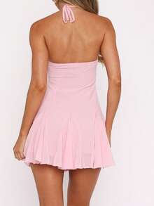 Vestido corto de verano para mujer con cuello halter, ajustado, con pliegues, espalda descubierta, con lazo y volantes, para fiesta y club - Rosa - Ver 3