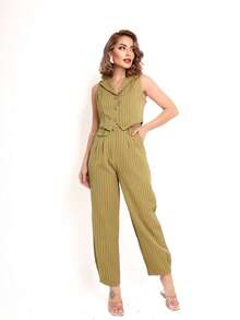 Women's Two-Piece Set With Striped Vest And Pants - 駝色 - 查看 2