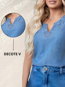 Women's Short Sleeve Stylish Jeans  Lyocell V-Neck Blouse - 深藍色 - 查看 5