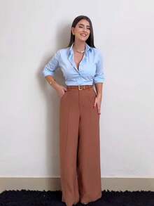 JEMMY MODA Women's Lyocell Fabric Wide Leg Pants With Casual Pocket And Belt - màu nâu - Xem 4