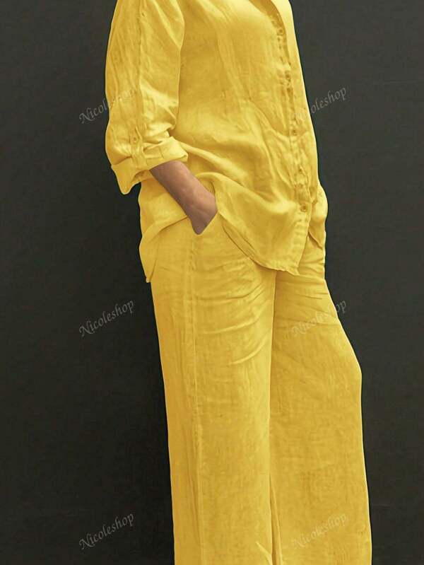 Casual Open Cardigan Match Elegant Solid Polo Collar Blouse Top, Versatile For Vacation, Work, Shopping, Comfortable & Soft Fabric, Loose Drawstring Waist Wide-Leg Pants, 2 Pieces Set, Suitable For Spring, Summer, Autumn