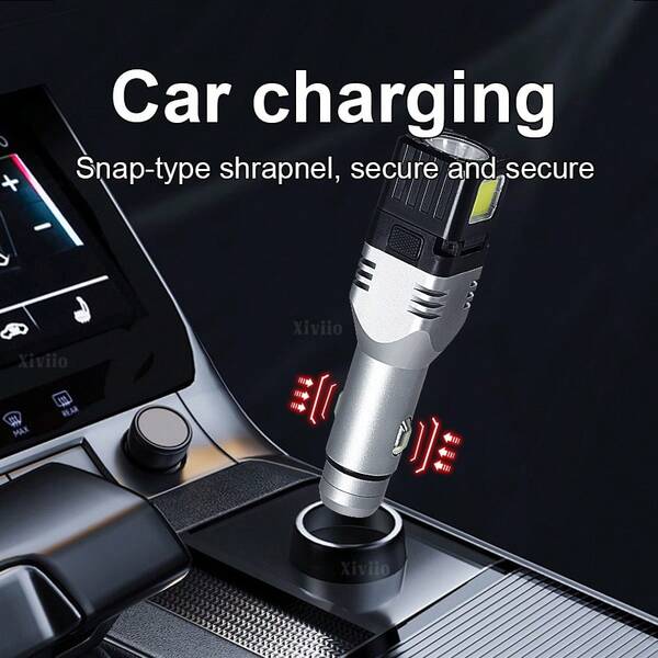 Outdoor Portable Multifunctional Car Charger Flashlight, 4 Lighting Modes: Spotlight + Floodlight, Type-C Fast Charging, Aluminum Alloy LED Work Light, Tail With Hammer For Emergency Escape, Suitable For Night, Emergency, Patrol