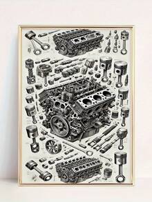 1pc Vintage V8 Engine Explosion Canvas Wall Art, Automotive Theme Wall Decor, Aesthetic Room Decoration, Living Room Art, Mechanical Illustration, Wall Art, Painting, Poster, Suitable For Home, Garage, Office, Studio - Monochrome Detailed Parts Diagram, Frame Optional - Multicolor - View 10