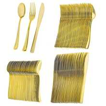 5/10/25/50 piezas Juego de cubiertos chapados en oro, tenedor y cuchara para pastel/ensalada, tenedor para postre/sushi, tenedor para pasta, cuchillo para bistec, utensilios para ensalada, juego de cubiertos reutilizables, adecuado para fiestas, cumpleaños, eventos al aire libre, bodas, reuniones familiares, jubilación, inauguración de casa, Navidad