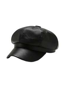 SHEIN MOD 1 件装女士黑色平顶贝雷帽，百搭 PU 画家贝雷帽，南瓜形状，秋冬款 - 彩色 - 查看 5