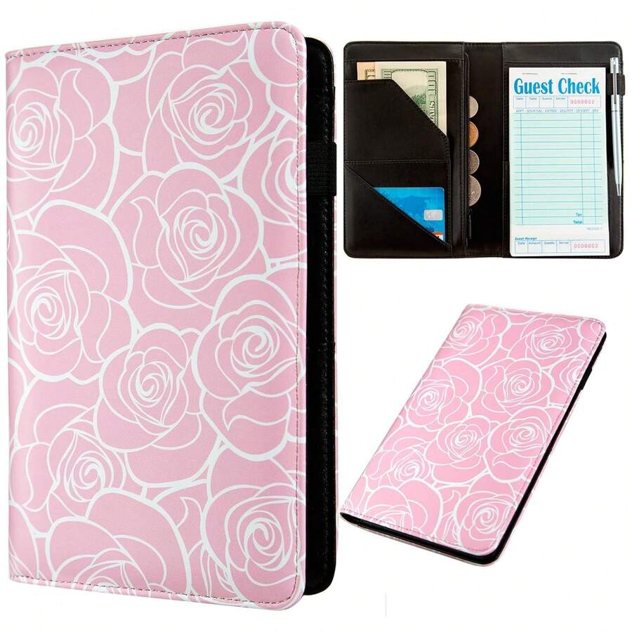Server Book, Server Books For Waitress, Leather Server Book With Zipper Pocket, Cute Server Book, Waitress Book Fit Server Apron (Pink Leopard) - Roses - View 1