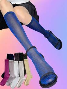 1 Pair Women's Fashionable Everyday Wear Glitter Shimmer Knee-High Socks - Multicolor - View 2