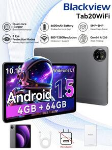 Blackview 10英寸安卓平板电脑，四核处理器，4GB内存，64GB存储空间，6000mAh电池，支持2TB TF卡，高清IPS显示屏，WiFi 6，蓝牙5.2 - 灰色 - 查看 1