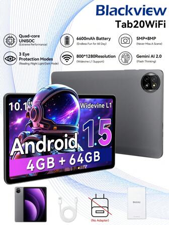  Tableta de 10 pulgadas Blackview Android 15 con procesador Quad-Core, 4GB de RAM, 64GB de ROM, batería de 6000mAh, tarjeta TF de hasta 2TB, pantalla IPS HD, WiFi 6, Bluetooth 5.2