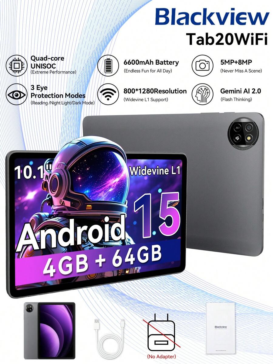 Blackview 10英寸安卓平板电脑，四核处理器，4GB内存，64GB存储空间，6000mAh电池，支持2TB TF卡，高清IPS显示屏，WiFi 6，蓝牙5.2 - 灰色 - 查看 1