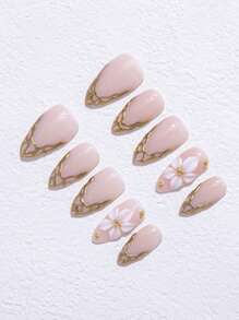 手工杏仁形Y2K反派风格按压式美甲，包含裸色、绿色和白色指甲板，搭配奶油色指甲尖、扎染、花卉装饰、水滴和蝴蝶结图案。专为女士和女孩设计，10件/套，3种尺寸可选，适合派对、庆典和日常佩戴。包含美甲工具，是送给女士和女孩的理想礼物。美甲用品 美甲