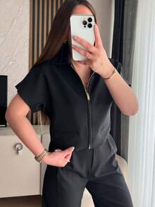 Women's Jackets Short Coats Cropped Short -Sleeved Jacket Outerwears Spring Summer Autumn Black White Brown Zip Up Jacket Women Top - 黑色 - 查看 1