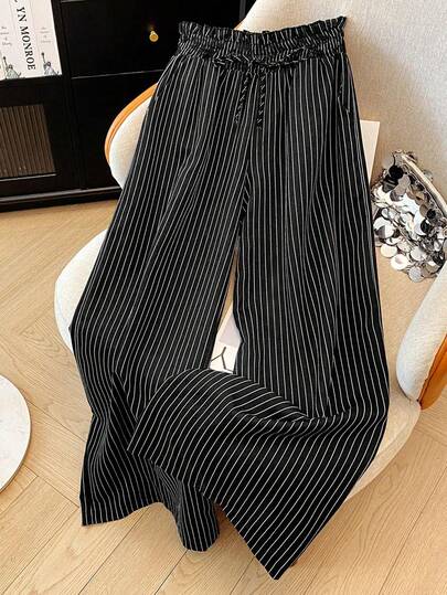 Women's Elegant Casual Spring Summer Autumn Striped Knot Front Button Paper Bag Pants Pinstripe Trousers