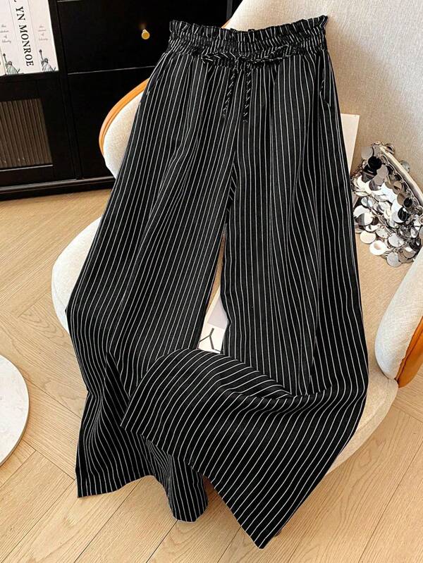 Women's Elegant Casual Spring Summer Autumn Striped Knot Front Button Paper Bag Pants Pinstripe Trousers