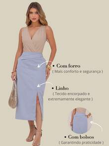 Linen Midi Skirt With Detailed Yoke, Functional Pockets And Charming Slit - 淺藍色 - 查看 6
