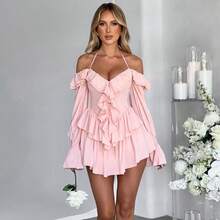 Neck-Wrap One-Piece Shorts | Low-Cut Leaf-Edge Design | Long-Sleeved Slimming Dress Pants | The Perfect Choice For Vacation And Date Nights - Hồng - Xem 1