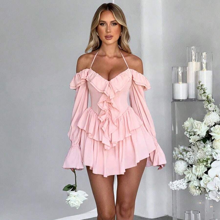 Neck-Wrap One-Piece Shorts | Low-Cut Leaf-Edge Design | Long-Sleeved Slimming Dress Pants | The Perfect Choice For Vacation And Date Nights - Hồng - Xem 1