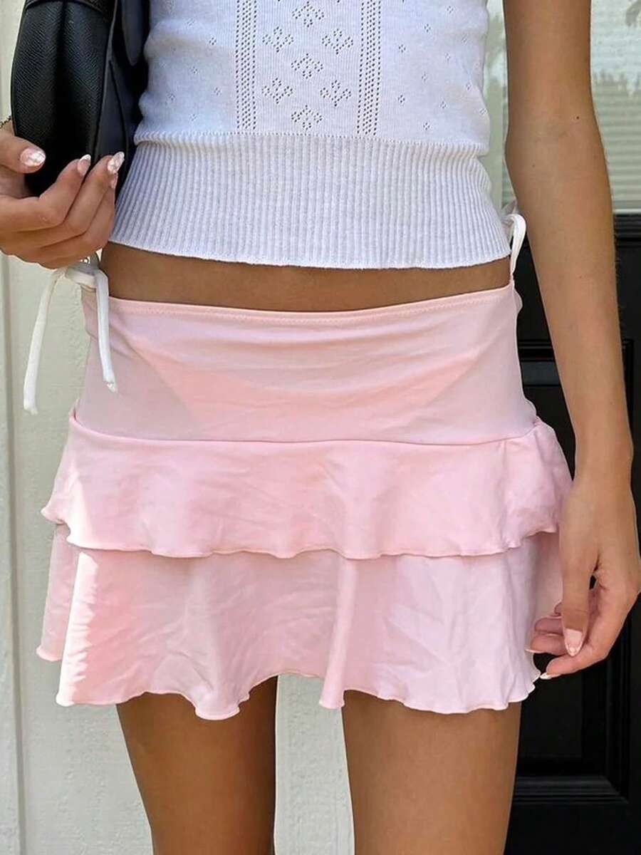 Layered Ruffle Mini Skirt For Women Summer Dots/Stripe/Heart Print/Solid Color High Waist Short Skirts - 藕粉色 - 查看 1