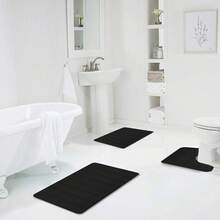 3-Piece Memory Foam Bath Mat Set - Non-Slip Bathroom Rugs Super Absorbent Quick-Dry Machine Washable Perfect For Bedroom Decor, Tub, Toilet Floor, Shower Room, Laundry, Kitchen And Indoor Areas - 黑色 - 查看 6