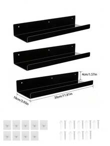 1pc No Hole Drilling 11.8-Inch Black Acrylic Wall Floating Shelf, Wall Mounted Children's Book Display RackRoom Decor - Black - View 10