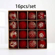 Set de 16 piezas de bolas decorativas navideñas, colgantes de bolas para árbol de Navidad, bolas de Navidad pintadas de terciopelo en caja de regalo, adornos para árbol de Navidad, decoraciones multicolor para árbol de Navidad, corona navideña, guirnalda para decoración navideña