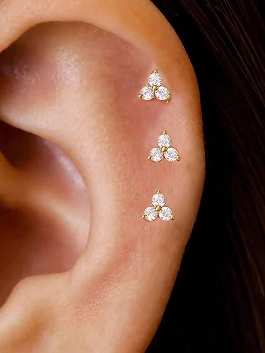 3Pcs Small Zironia Three Petal Flower Stud Butterfly Back Stud Stackable Earring For Women, 14K Gold Plated Tiny Zirconia For Cartilage Helix Lobe Bohemian Elegant Piercing Jewelry For Women Girl Vacation Work - Gold - View 1