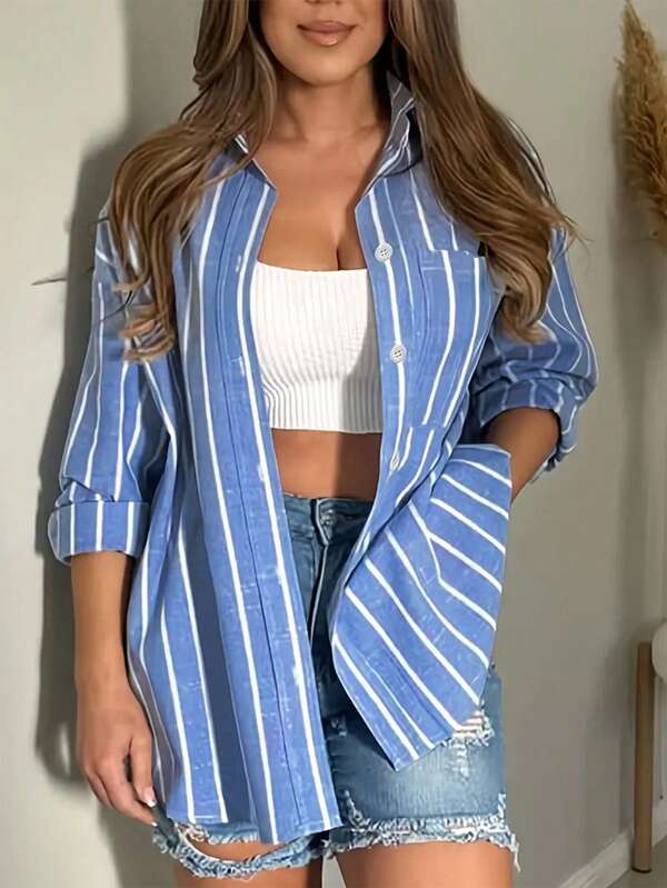Striped Button Front Pocket Daily Shirt